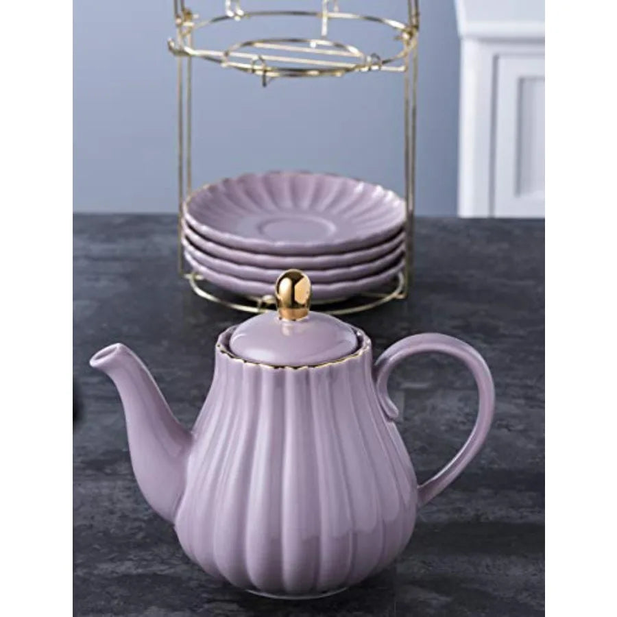 Fine China 8 OZ Coffee Cup/Teacup, Saucer, Spoons, Teapot, and Creamer Set 17-Piece Set
