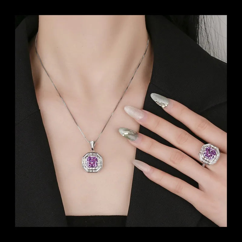 High Carbon Diamond Ice Flower Cut Purple Diamond Princess Square Set necklace or ring