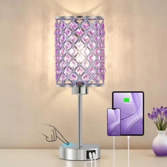 Purple Crystal Table Lamp with USB C+A Ports Dimmable Touch Control