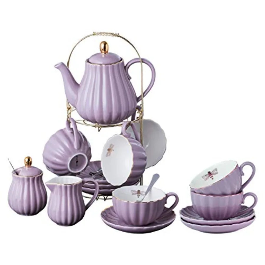 Fine China 8 OZ Coffee Cup/Teacup, Saucer, Spoons, Teapot, and Creamer Set 17-Piece Set