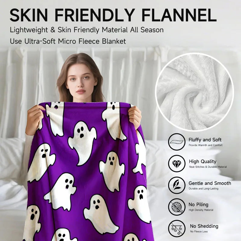 1 piece purple ghost-themed soft flannel blanket