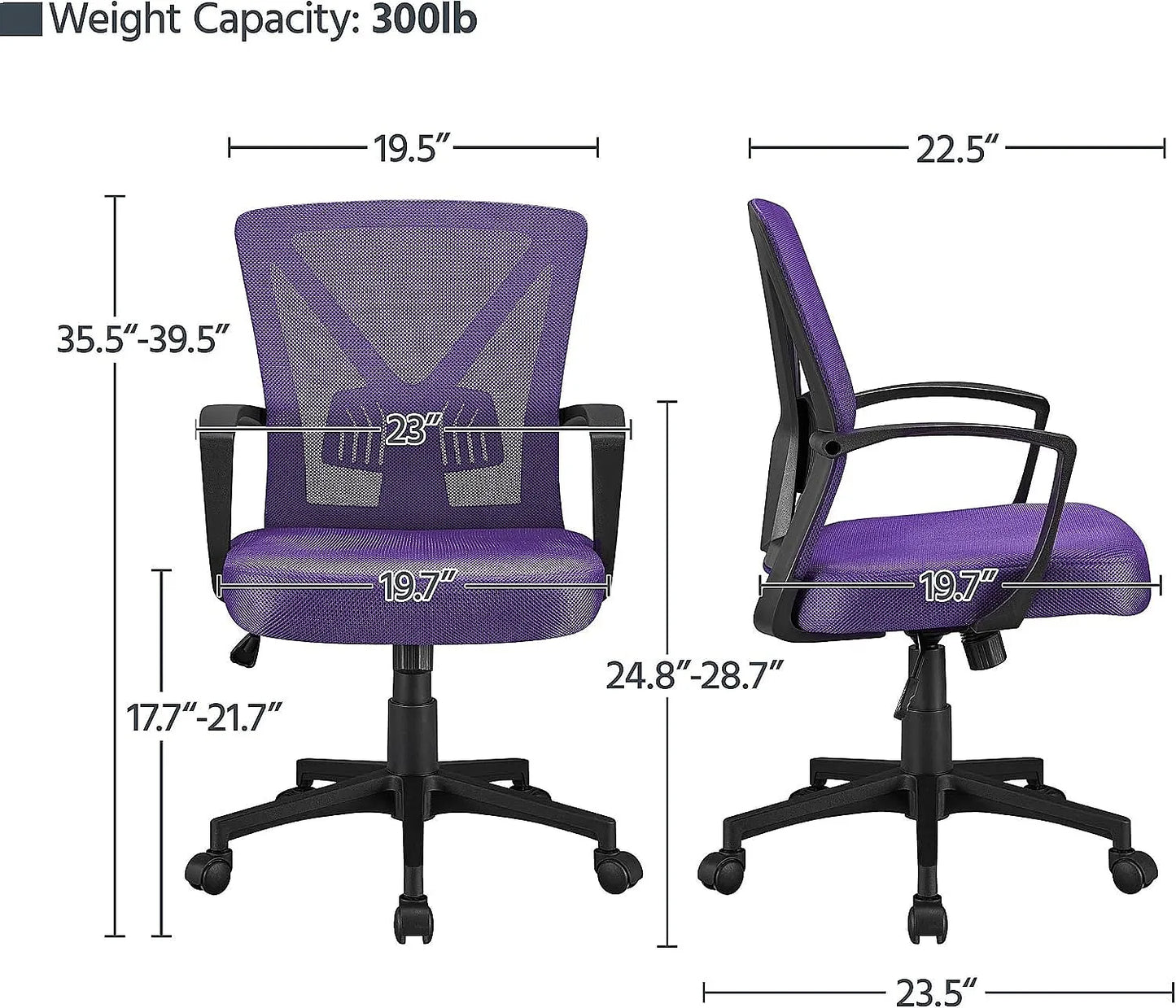Ergonomic Mesh Office Chair with Adjustable Lumbar Support Mid Back Swivel Task Chair Purple