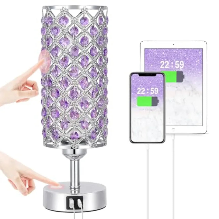 Crystal Touch Lamp with USB-C+A Ports, 3 Way Dimmable Bedside Light with Crystal Shade