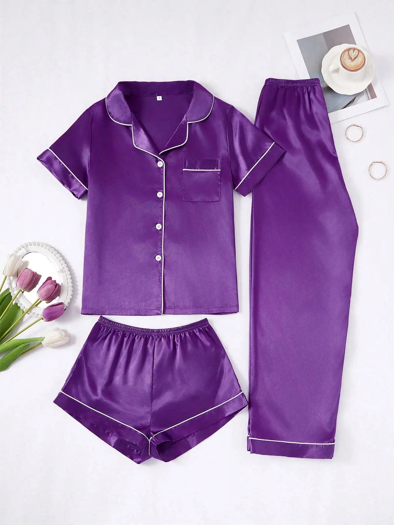 3-Piece Women's Purple Faux Silk Pajama Set with Contrast Trim