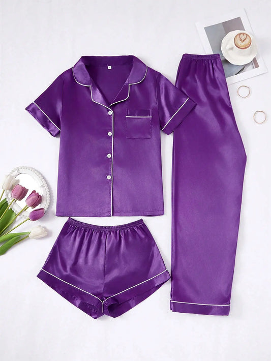 3-Piece Women's Purple Faux Silk Pajama Set with Contrast Trim