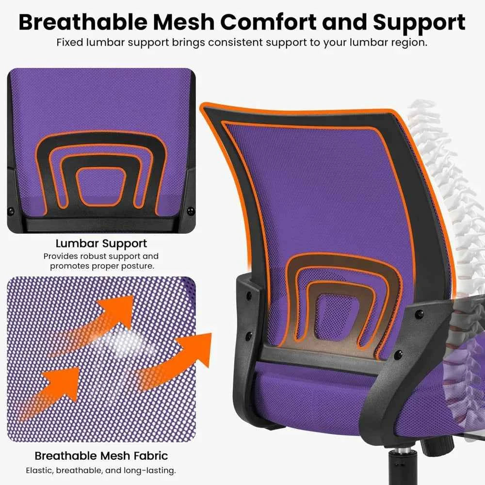 Mesh Task Swivel Office Desk Chair with Wheels, Adjustable, Purple