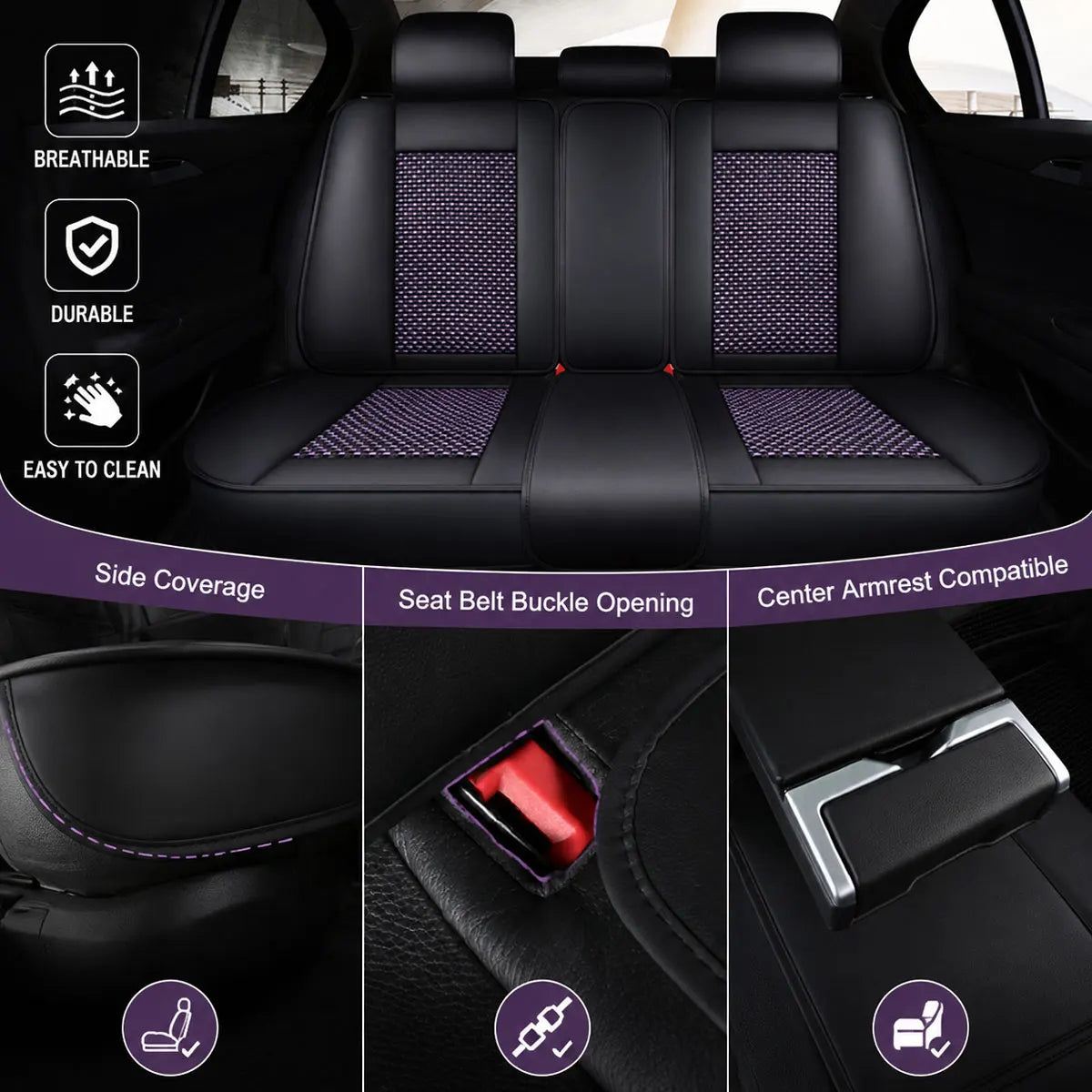 Cooling Rayon Leather Car Seat Covers, for Mazda 3, 6, CX-5, CX-3, CX-9, CX-30, CX-50, CX-70, Breathable Soft Touch Design Airbag Compatible Front & Rear Seat Cover Set with Pillow