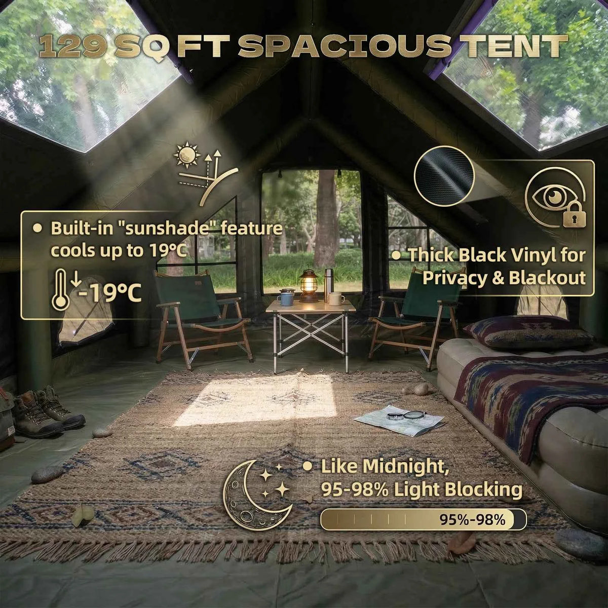 Inflatable Camping Tent, 6-8 Person, Sunproof Blow up Tent with Skylight & Mesh Window, with Stove Jack AC Vent
