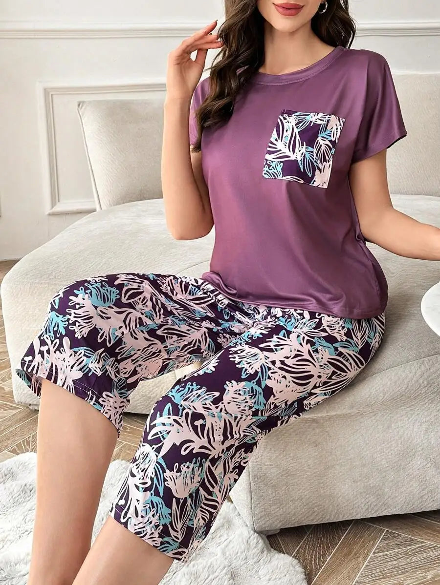 Purple Floral Print Women's Knitted Pajama Set with Pocket and Capri Pants