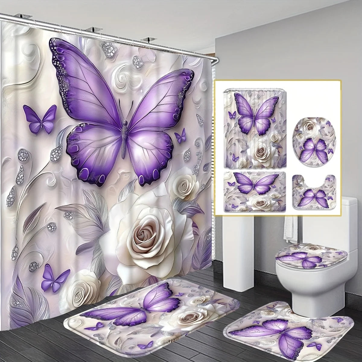 4pcs Purple Butterfly Bathroom Set with Shower Curtain, Non-Slip Rug & Toilet Cover - Machine Washable