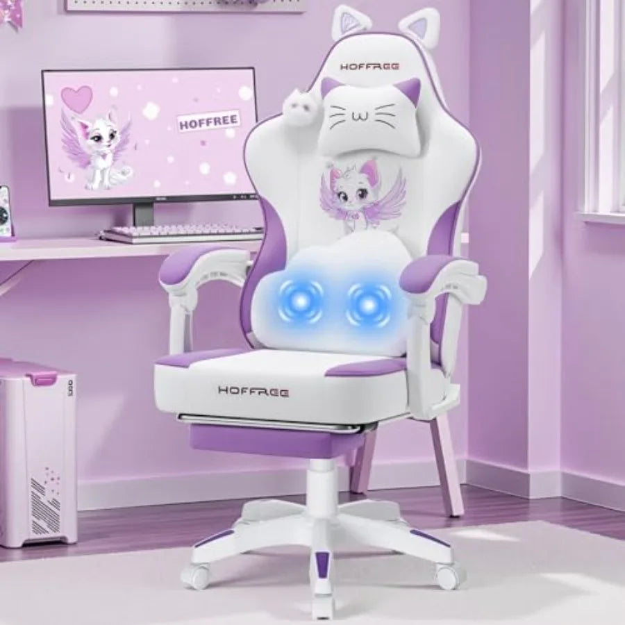 Purple PU Leather Gaming Chair with Cat Ears Design and Built-in Massage Function