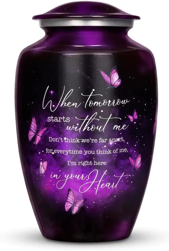 Large Purple Butterfly Urn for Ashes, Handcrafted Metal Keepsake with Secure Lid, Holds Up to 200lbs
