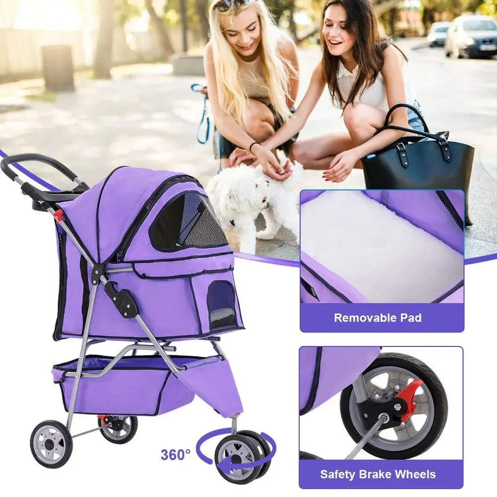 3-Wheel Dog/Cat Stroller, Cage for Small/Medium Pets. Folding Travel Carrier with Cup Holder, Waterproof