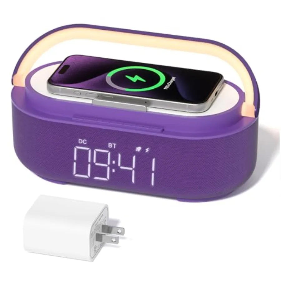 Bluetooth Speaker Alarm Clock with Wireless Charger FM Radio Adjustable LED Night Light