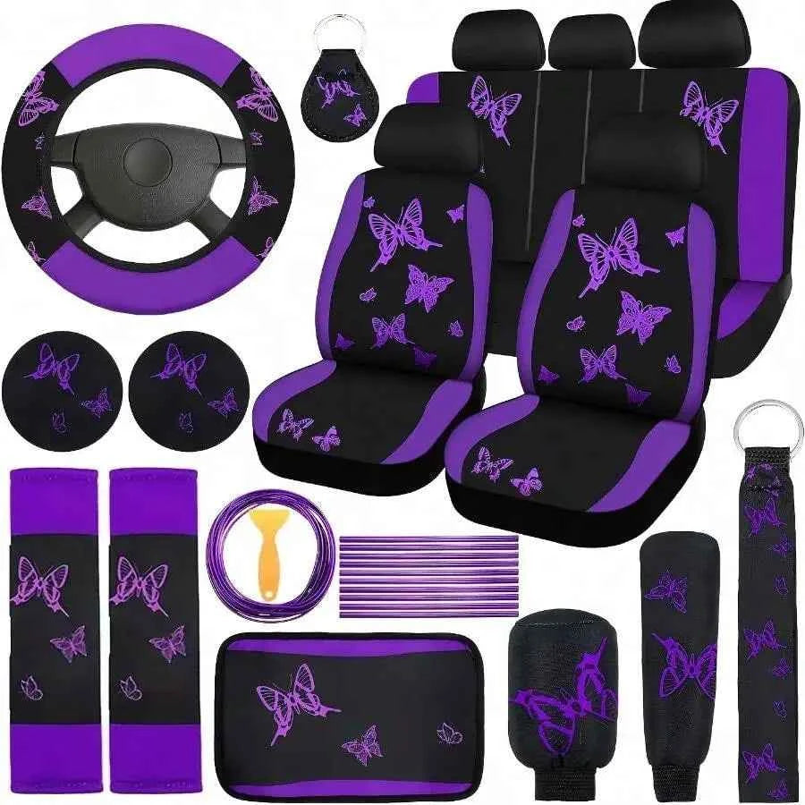 Purple Butterfly Car Seat Cover Set: 5 Pieces For Front And Rear Seats, Wristbands, 2 Cup Coasters, Armrest Cushions, 2 Seatbelt