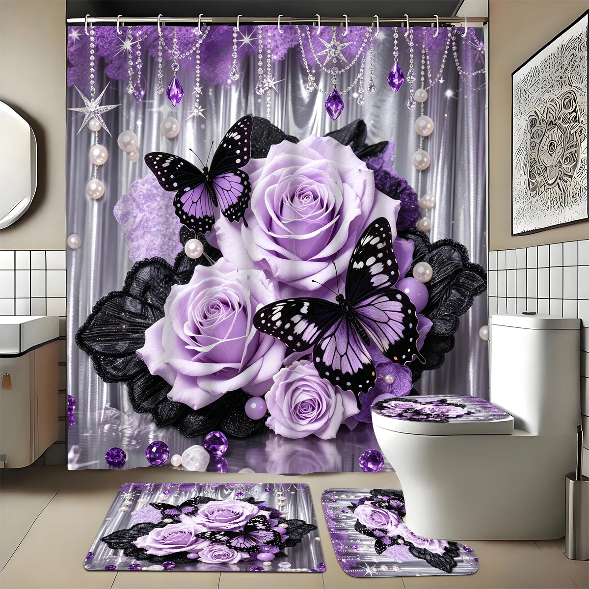 4Pcs - Fashionable Purple Lace Flower And Butterfly Printed Bath Curtain Set, Including Non-slip Bathroom, Thick U-shaped, Toilet Seat Cover,