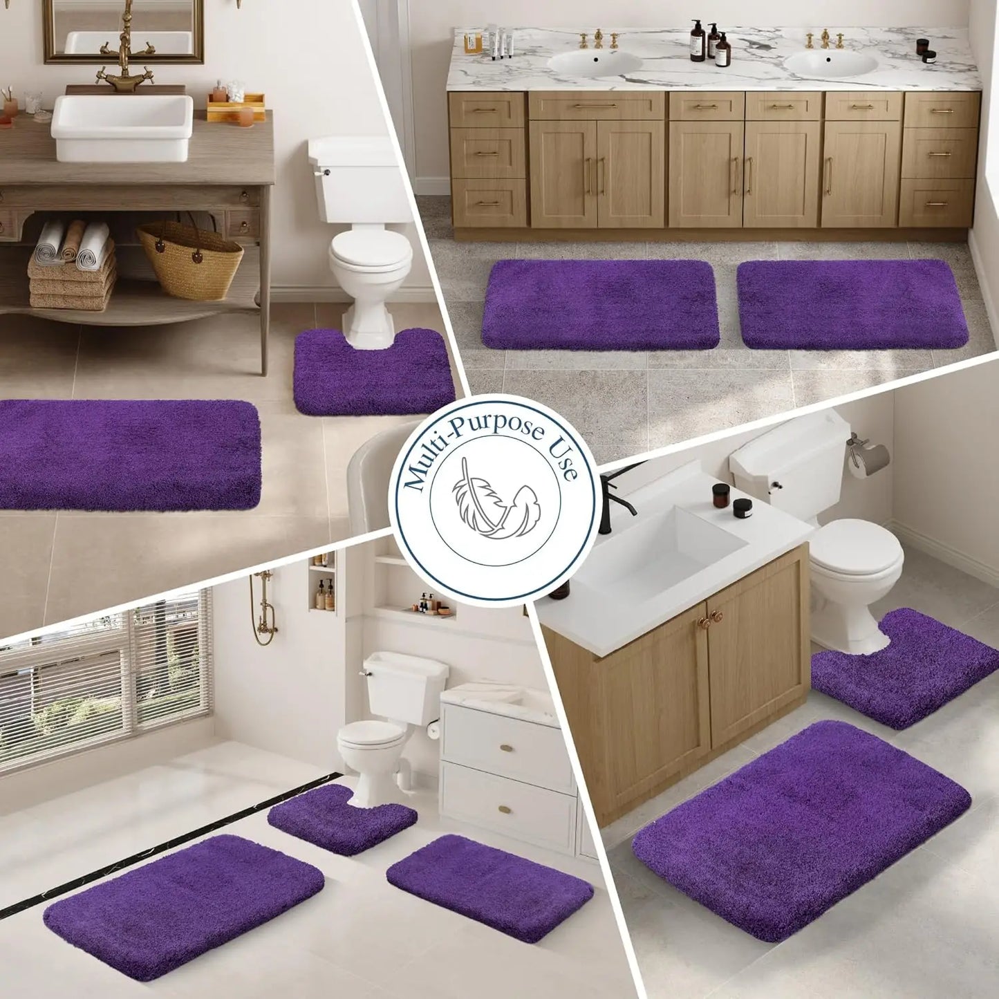 Non Slip Bath Mat, Dark Purple, 16x24, Water Absorbent Soft Microfiber Shaggy, Machine Washable Thick Plush Rug