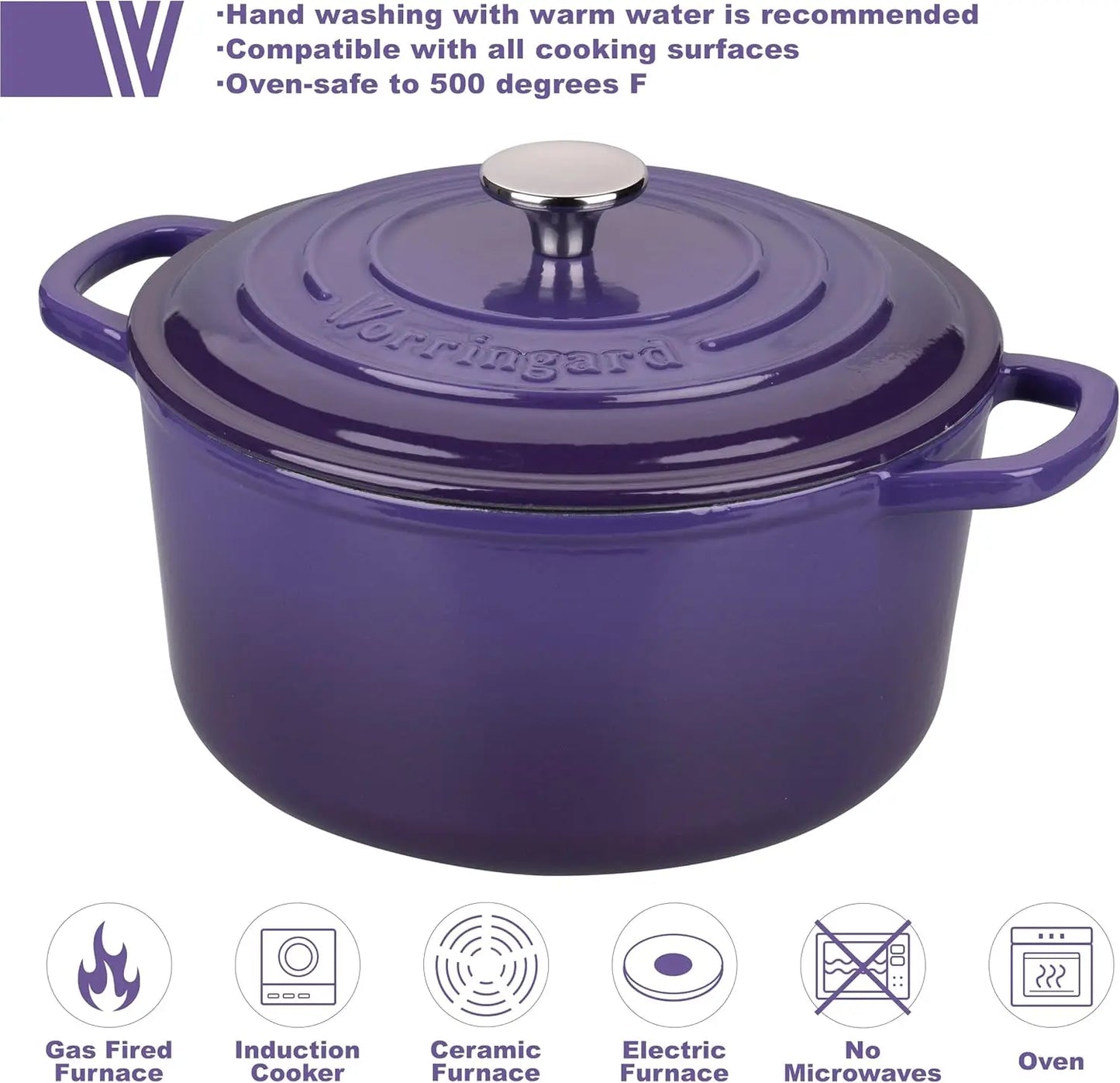 Purple Enameled Cast Iron Dutch Oven, 6 Quart, for Baking Bread & Slow Cooking