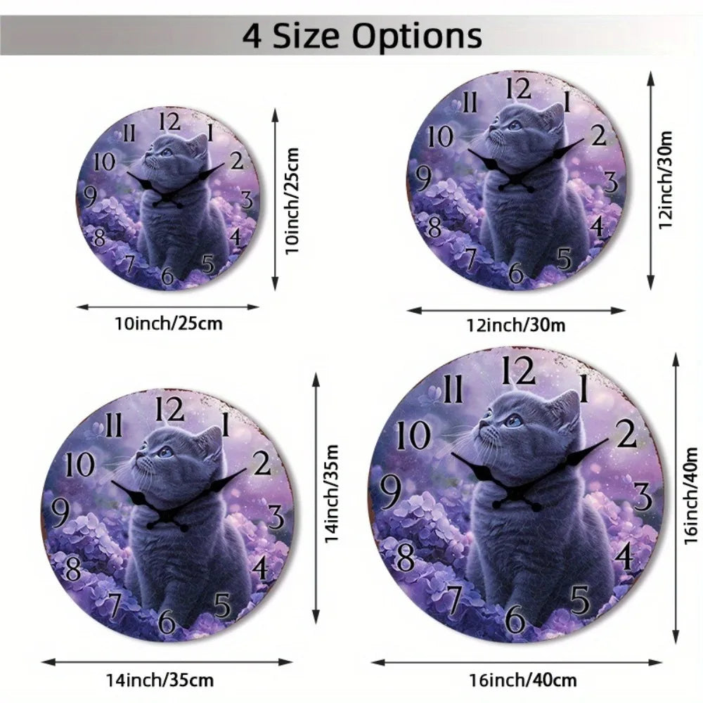 1pc Wooden Wall Clock with Purple Cat & Floral Design, silent