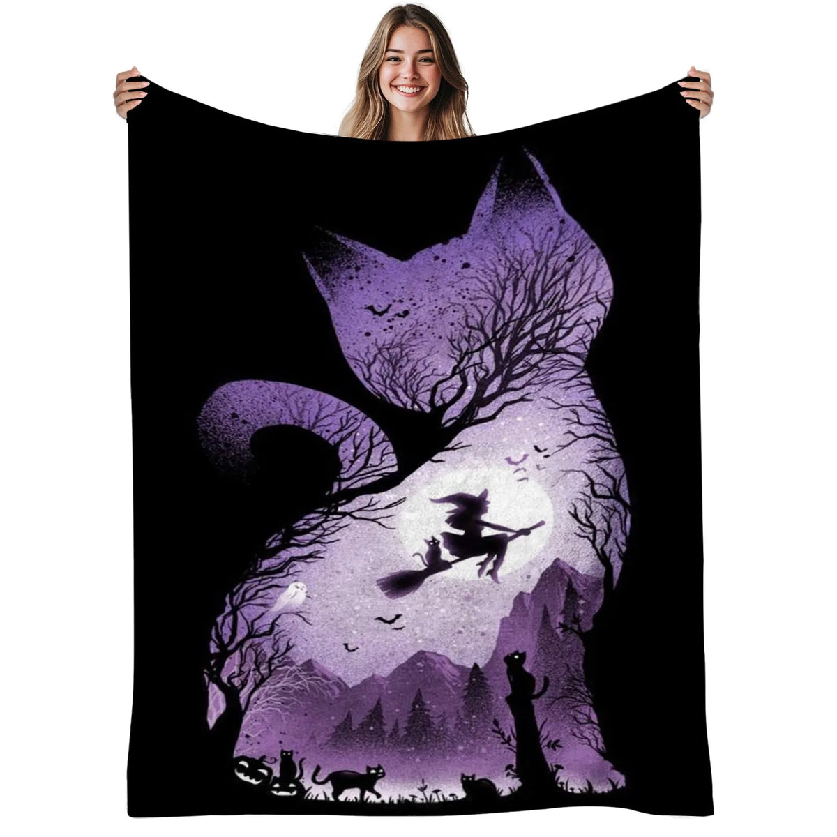 1pc Witch Cat Silhouette Flannel Blanket (Machine Washable)