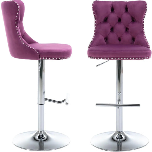 Velvet Swivel Bar Stools 2pc 25-33in Adjustable w/back with sliver or black base