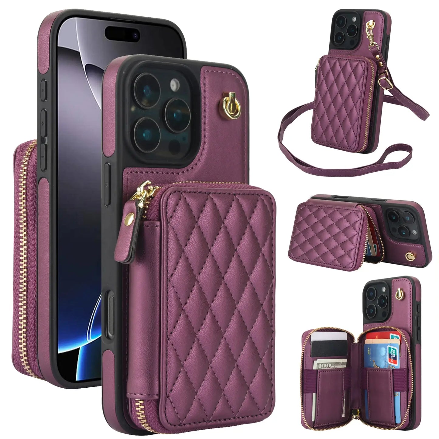 Crossbody Wallet Case for iPhone 16/15/14/13/12/11 Pro Max 7 8 Plus X XS Max XR,RFID Blocking Zipper Handbag Purse Flip Cover