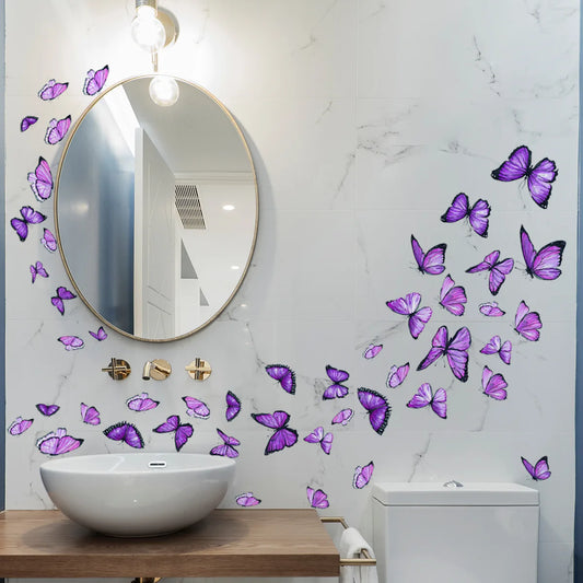 New Design Purple Butterfly Decorative Wall Stickers for Toilet Sink Bathtub Balcony Background Self-Adhesive Wall Decals