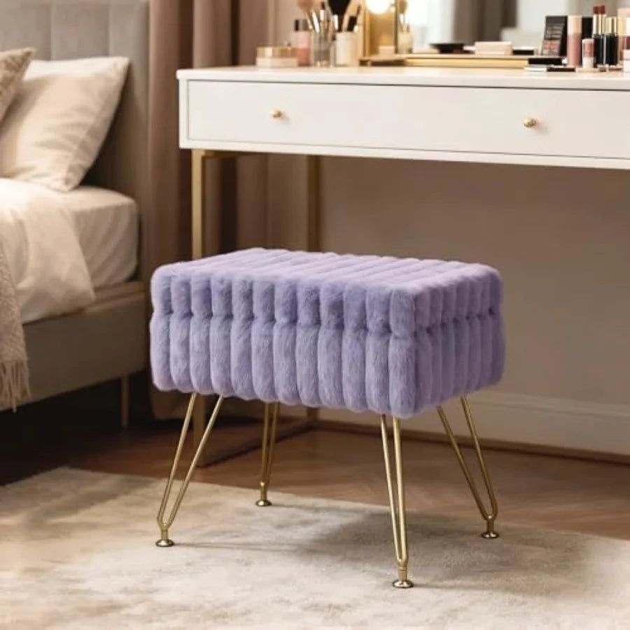 Vanity Stool Chair with Storage Faux Fur Soft Padded Ottoman