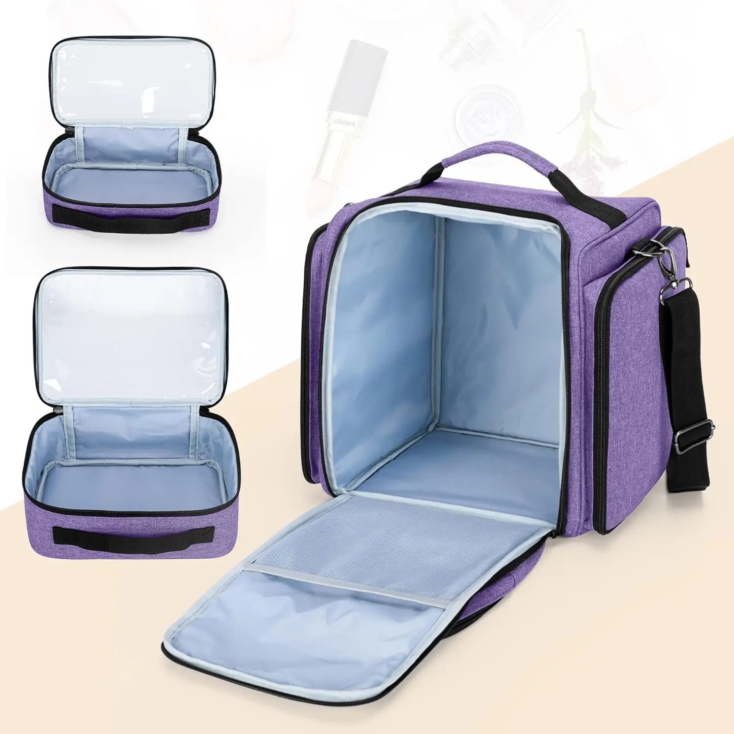 Multifunctional Travel Makeup Bag with 4 Removable Pouches, Purple Cosmetic Organizer for Easy Storage