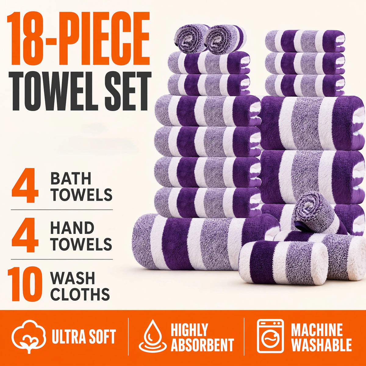 18pcs Set of Dark Wide Strip Coral Fleece Towel Bath Towel Set, Super Absorbent, 4 Bath Towels, 4 Towels, 10 Square Towels, Quick Dry, Ultra Soft
