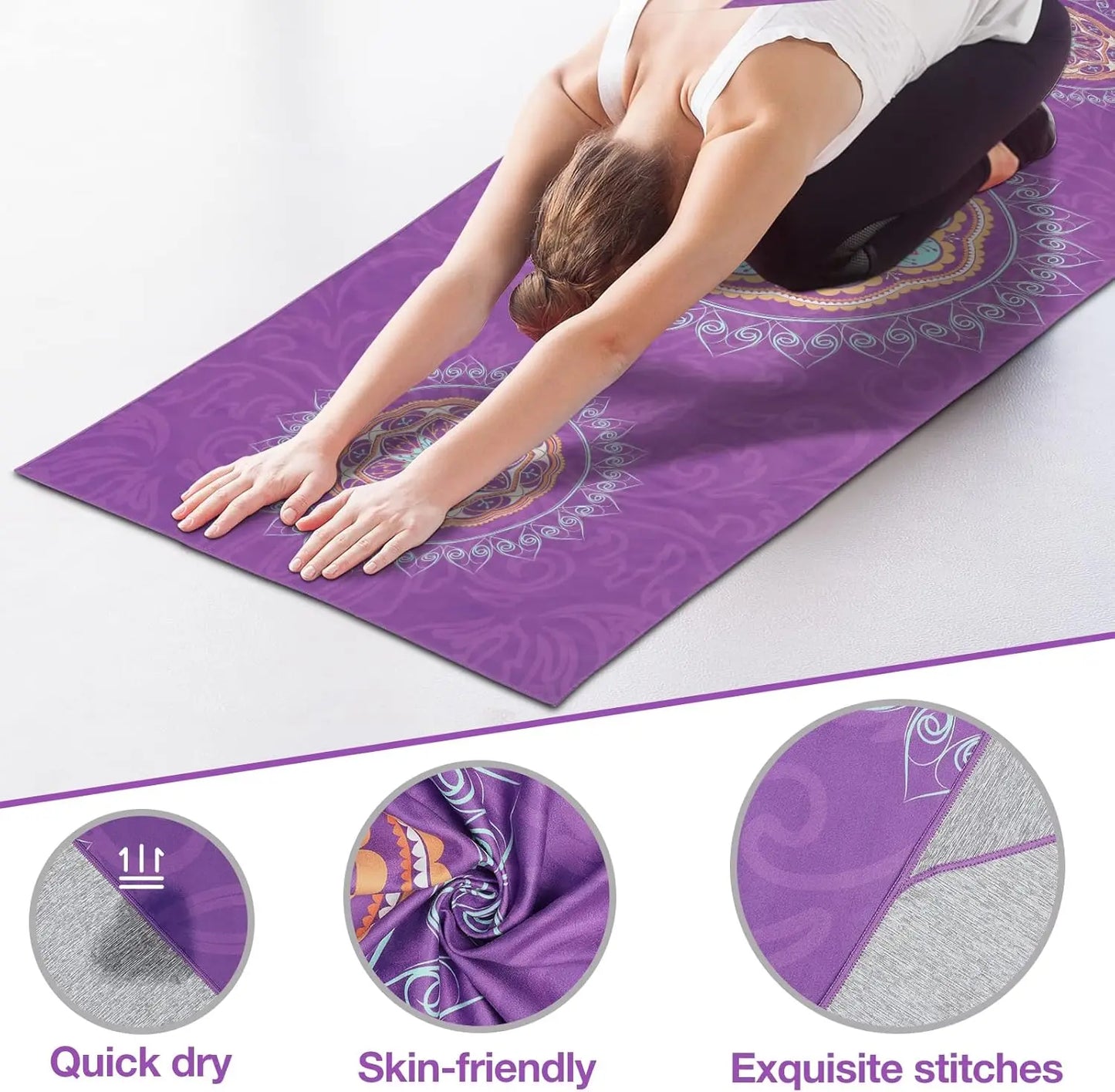 Non-Slip Yoga Mat Towel with Quick-Dry & Corner Pocket, Purple Mandala Pattern for Hot Yoga, Pilates, Gym