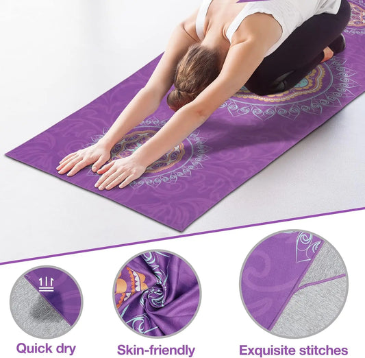Non-Slip Yoga Mat Towel with Quick-Dry & Corner Pocket, Purple Mandala Pattern for Hot Yoga, Pilates, Gym