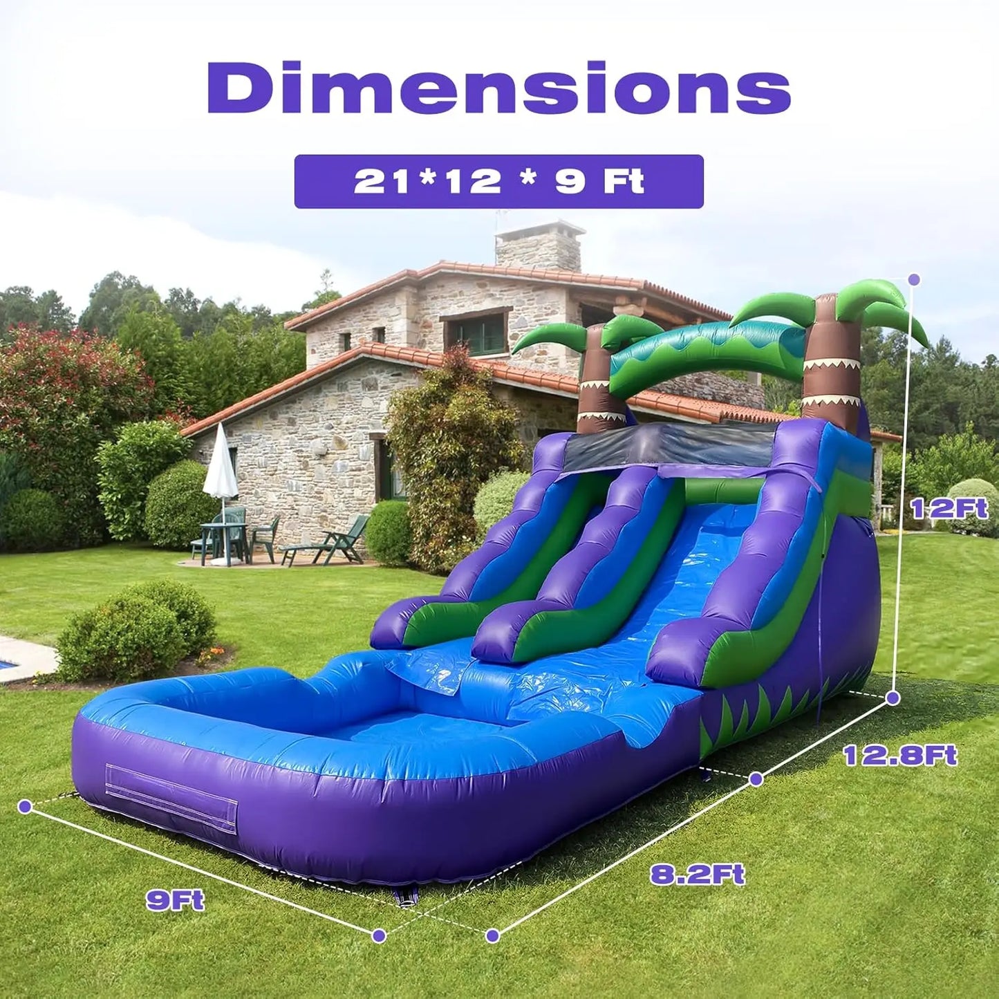 Inflatable Water Slide for Kids Vibrant Purple and Green Rainforest Design with Slip 'n Slide & Splash Pool