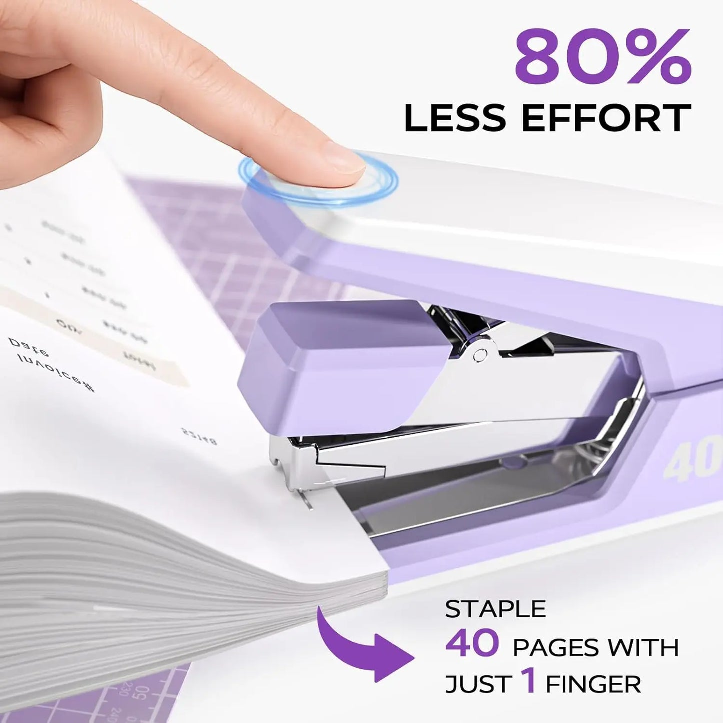 Effortless Desk Stapler, 40-50 Sheet Capacity, 1-Touch Stapling, Ergonomic Design, and Magnetic Staple Remover in Purple