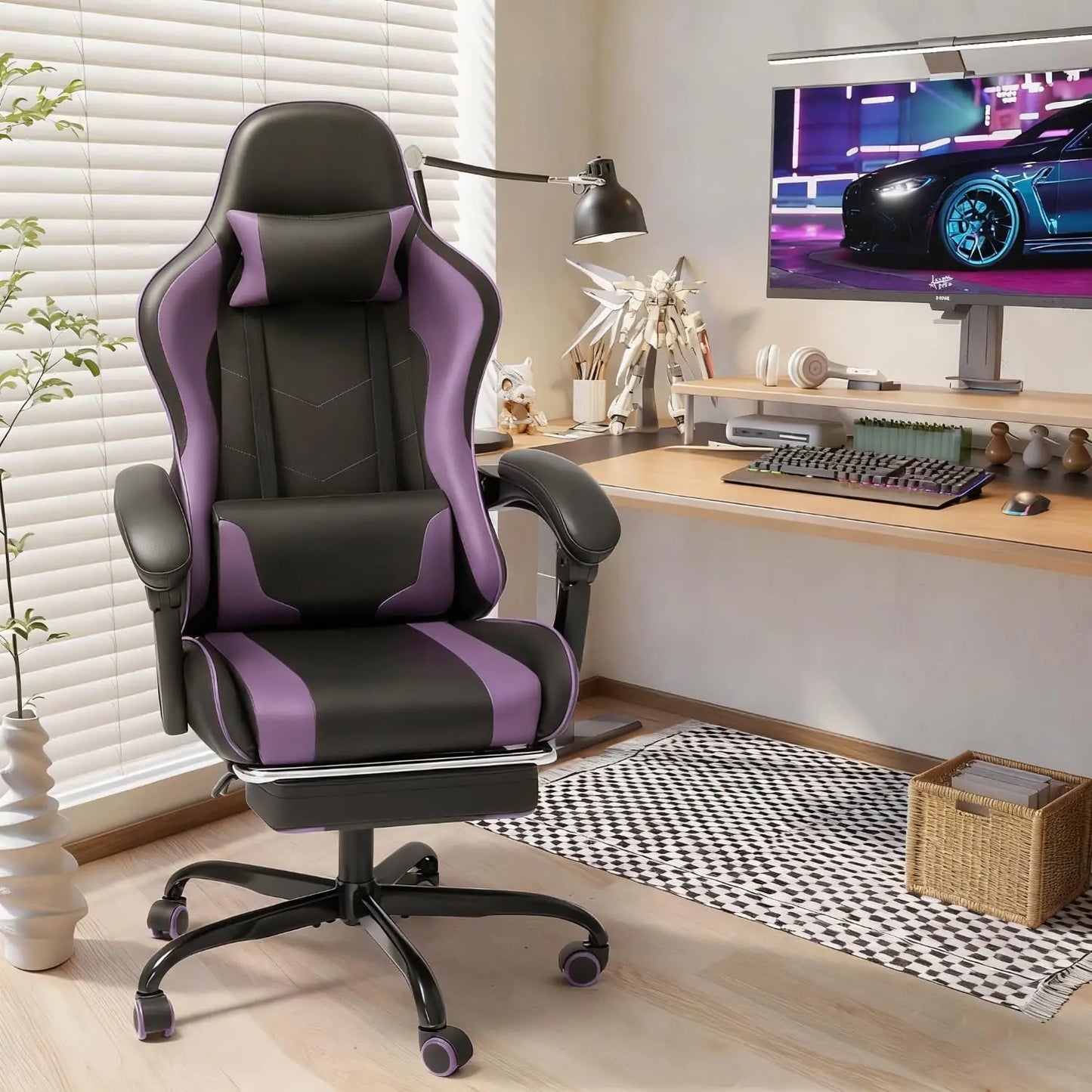 Gaming Chair with Footrest and Massage Lumbar Support, Height Adjustable, 360° Swivel, Headrest