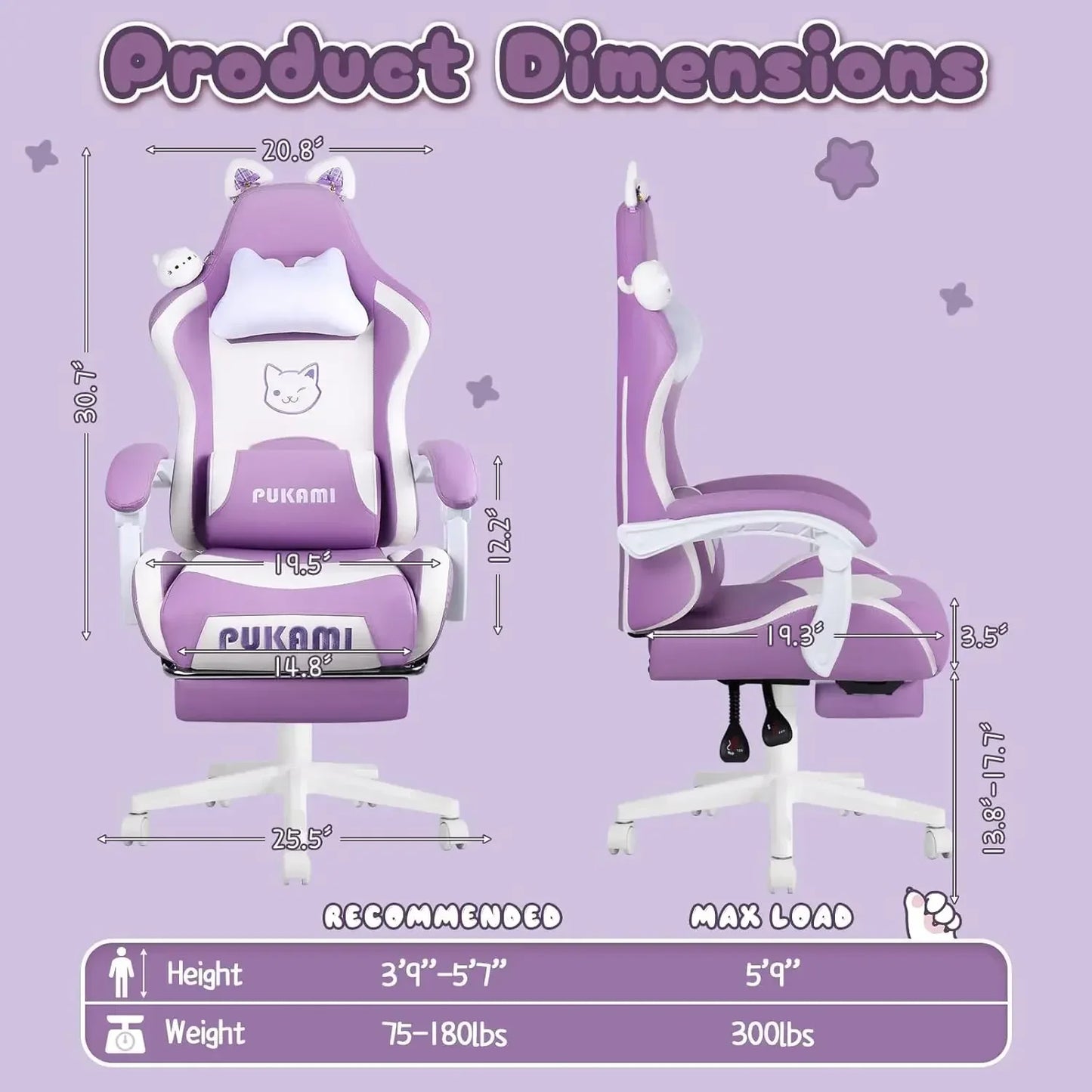 Gaming Chair Cute with Cat Ears,Ergonomic Computer Chair for Girl with Footrest and Headrest,Comfortable Reclining