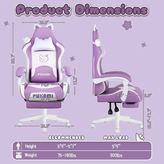 Gaming Chair Cute with Cat Ears,Ergonomic Computer Chair for Girl with Footrest and Headrest,Comfortable Reclining
