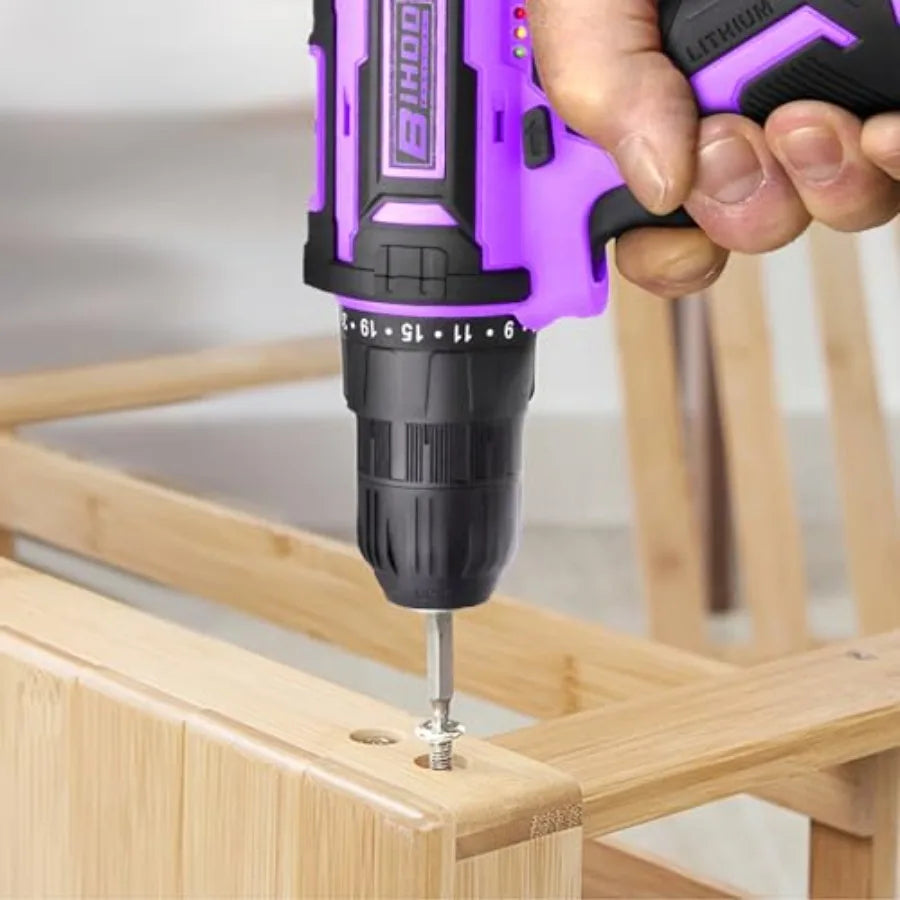 Purple Cordless Drill Set20V Drill Driver with Battery and Charger 3/8-Inch Keyless Chuck Variable Speed with Drills Bits Set