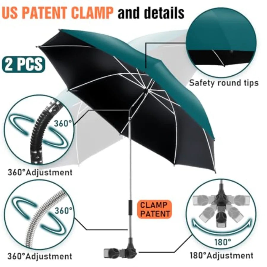 2 PACK Beach Umbrella with Clamp, 360 ° Adjustable Umbrellas for Chair, UPF50+