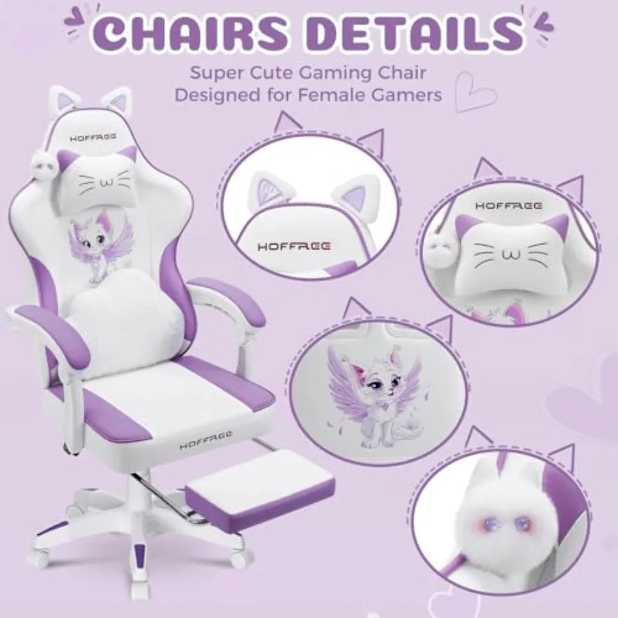 Purple PU Leather Gaming Chair with Cat Ears Design and Built-in Massage Function