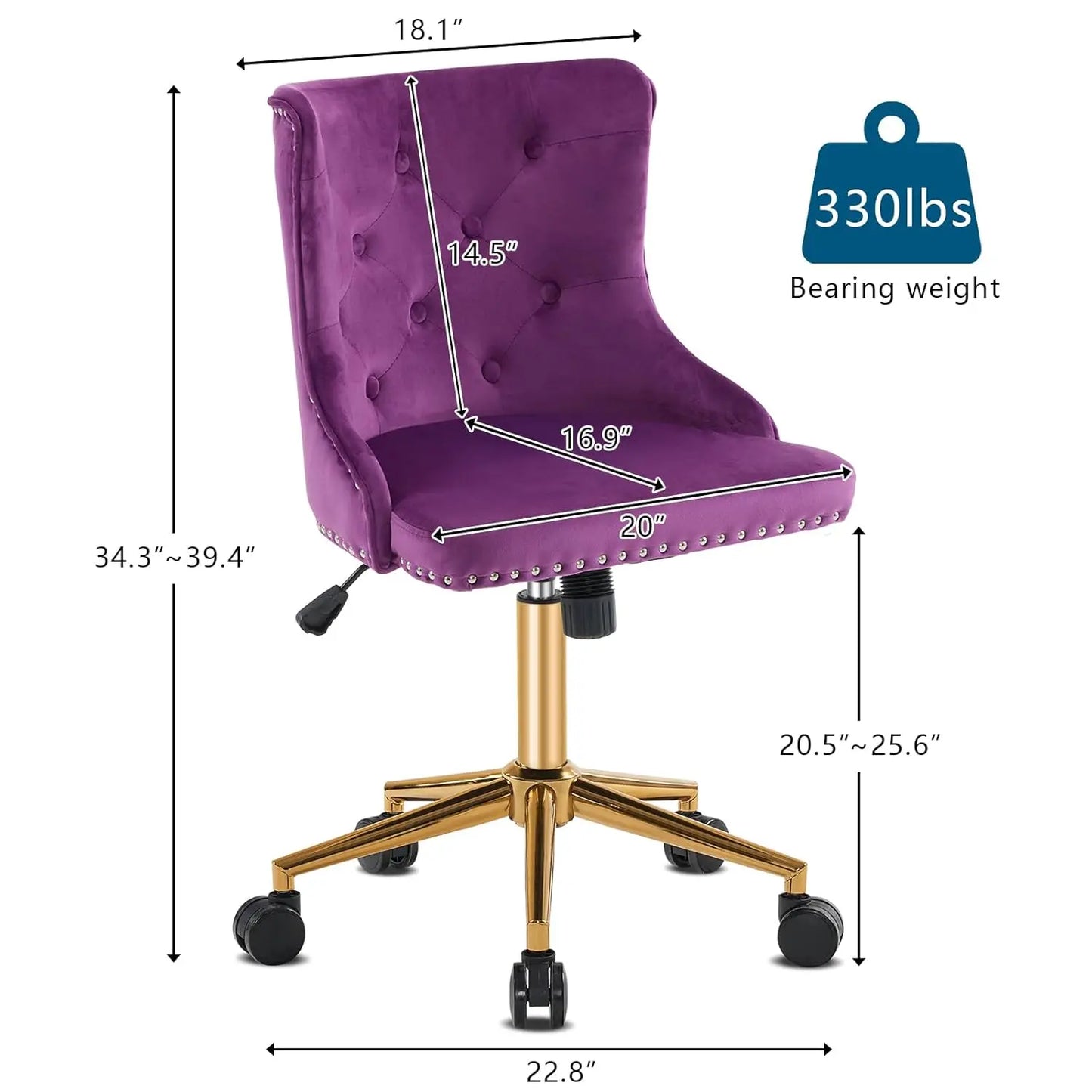Dark Purple or Mauve Armless Home Office or Vanity Chair with Gold Base/Wheels