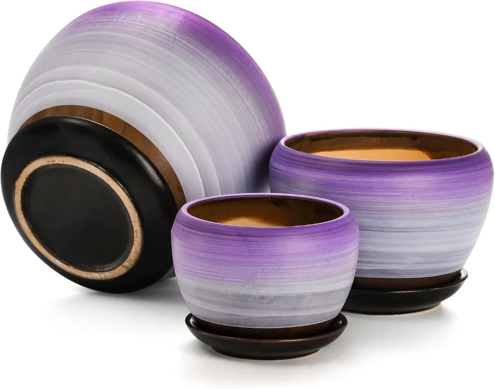 Set of 3 Ceramic Flower Pots, 7/5/4 inch, Purple Round Succulent Planter with Drainage Holes & Saucer, Indoor Outdoor