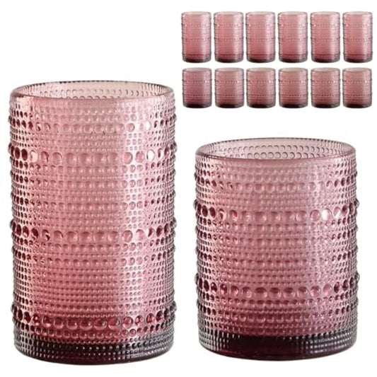 Vintage Glassware Drinking Glasses Set of 12, 12oz and 15oz Hobnail Glass Cups, Embossed Water Tumbler, for Beer, Cocktail, Whi