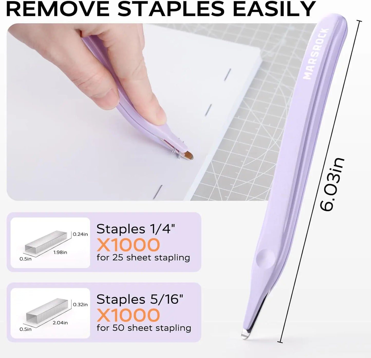 Effortless Desk Stapler, 40-50 Sheet Capacity, 1-Touch Stapling, Ergonomic Design, and Magnetic Staple Remover in Purple