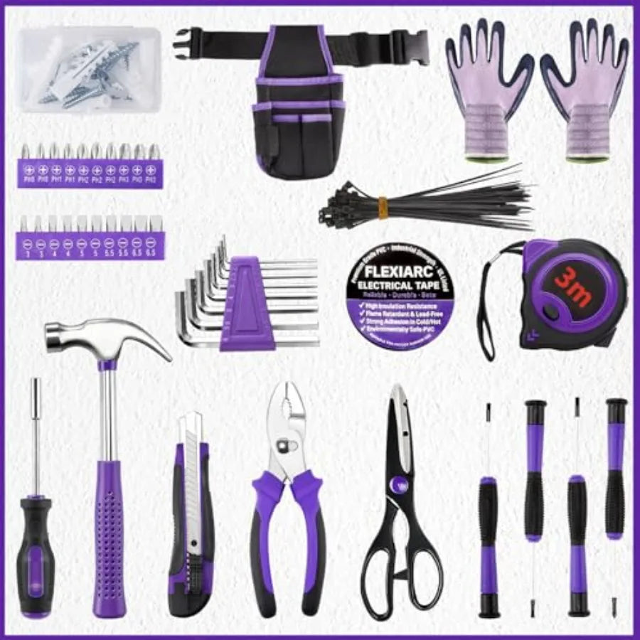 General Household Tool Set - Purple Hand Tool Kit with Waist Pouch and Gloves Tool Kit for home repair