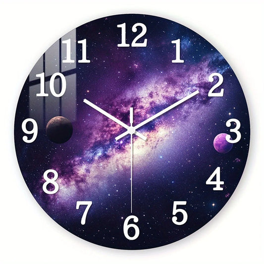 Wooden Wall Clock, Purple Galaxy with Planets