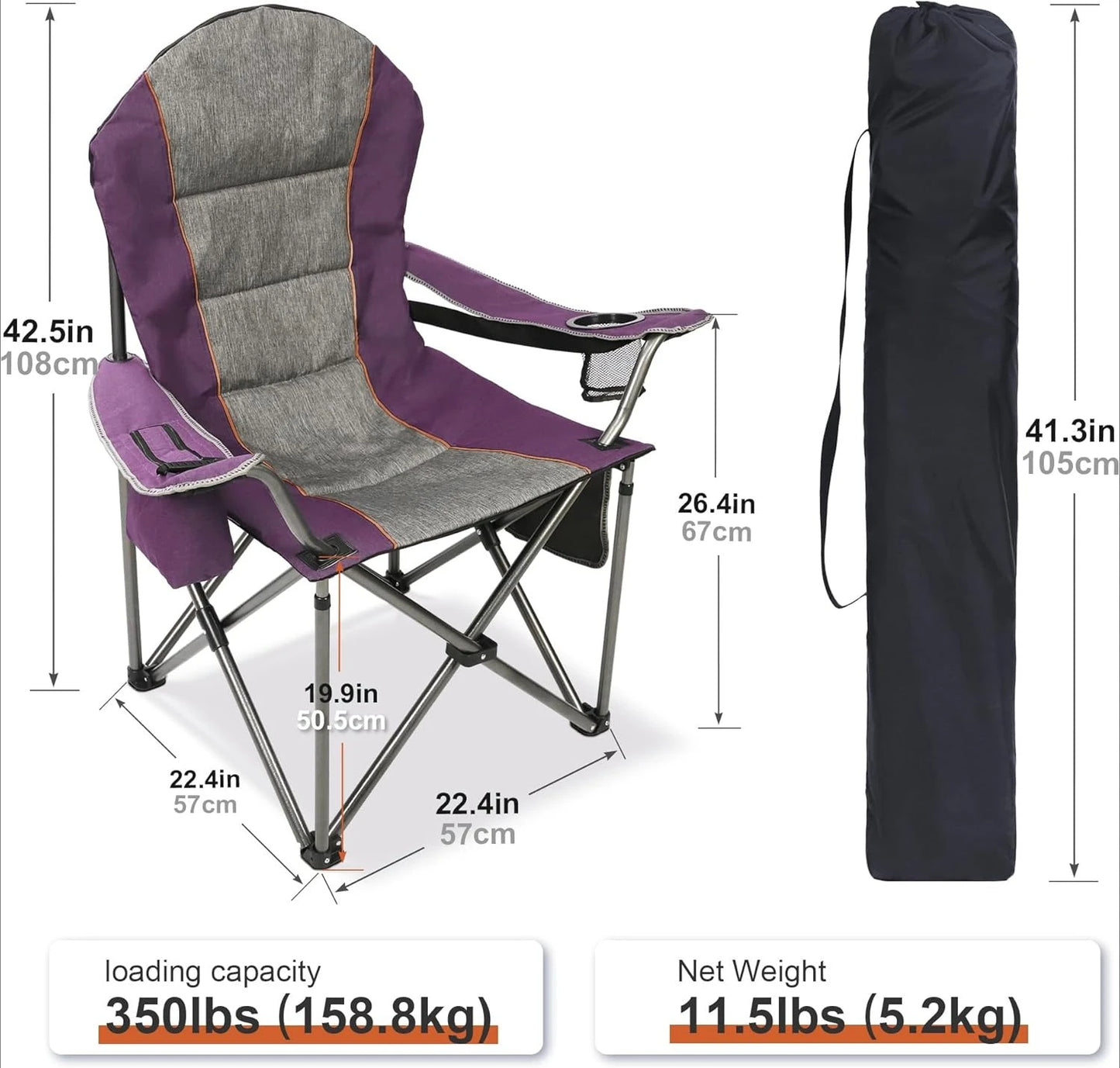 High Back Folding Camp Chair with Cup Holder and Cooler Bag