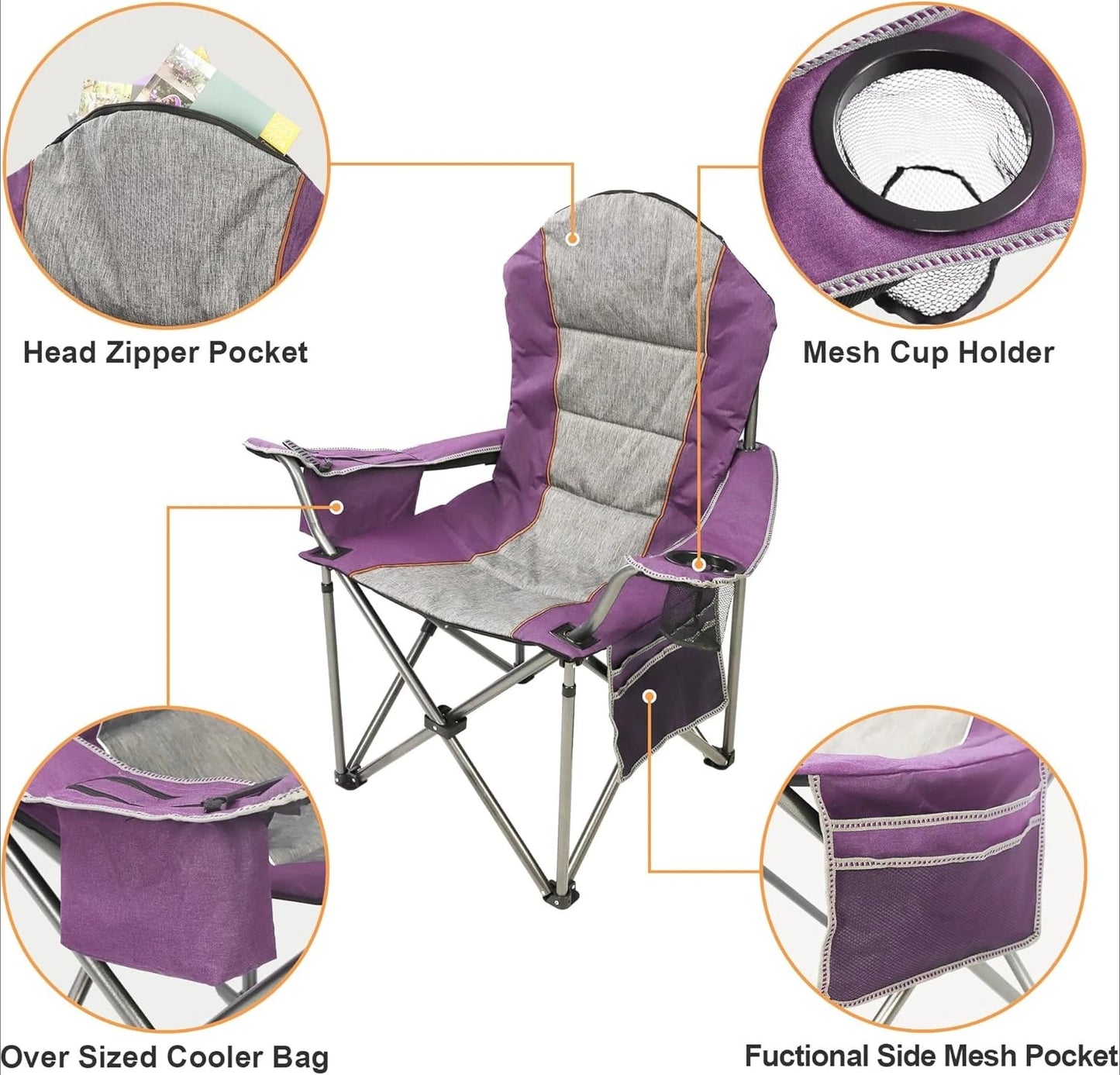 High Back Folding Camp Chair with Cup Holder and Cooler Bag