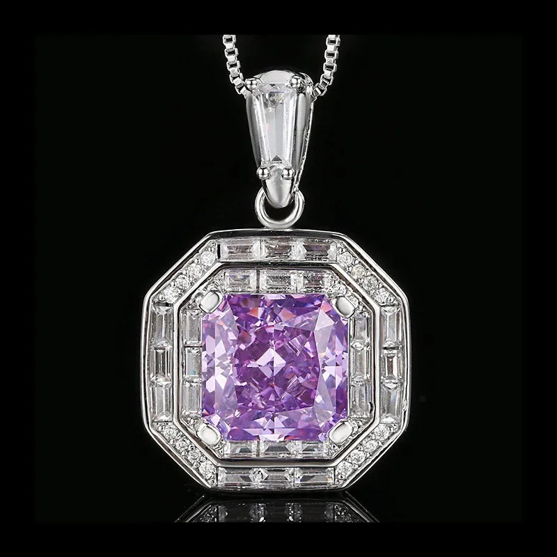 High Carbon Diamond Ice Flower Cut Purple Diamond Princess Square Set necklace or ring