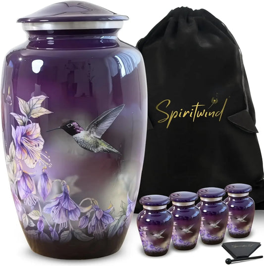 Set of 5 Beautiful Anna's Hummingbird Urns for Human Ashes - 1 Large Purple Urn for Ashes for adult with 4 Keepsake small urns